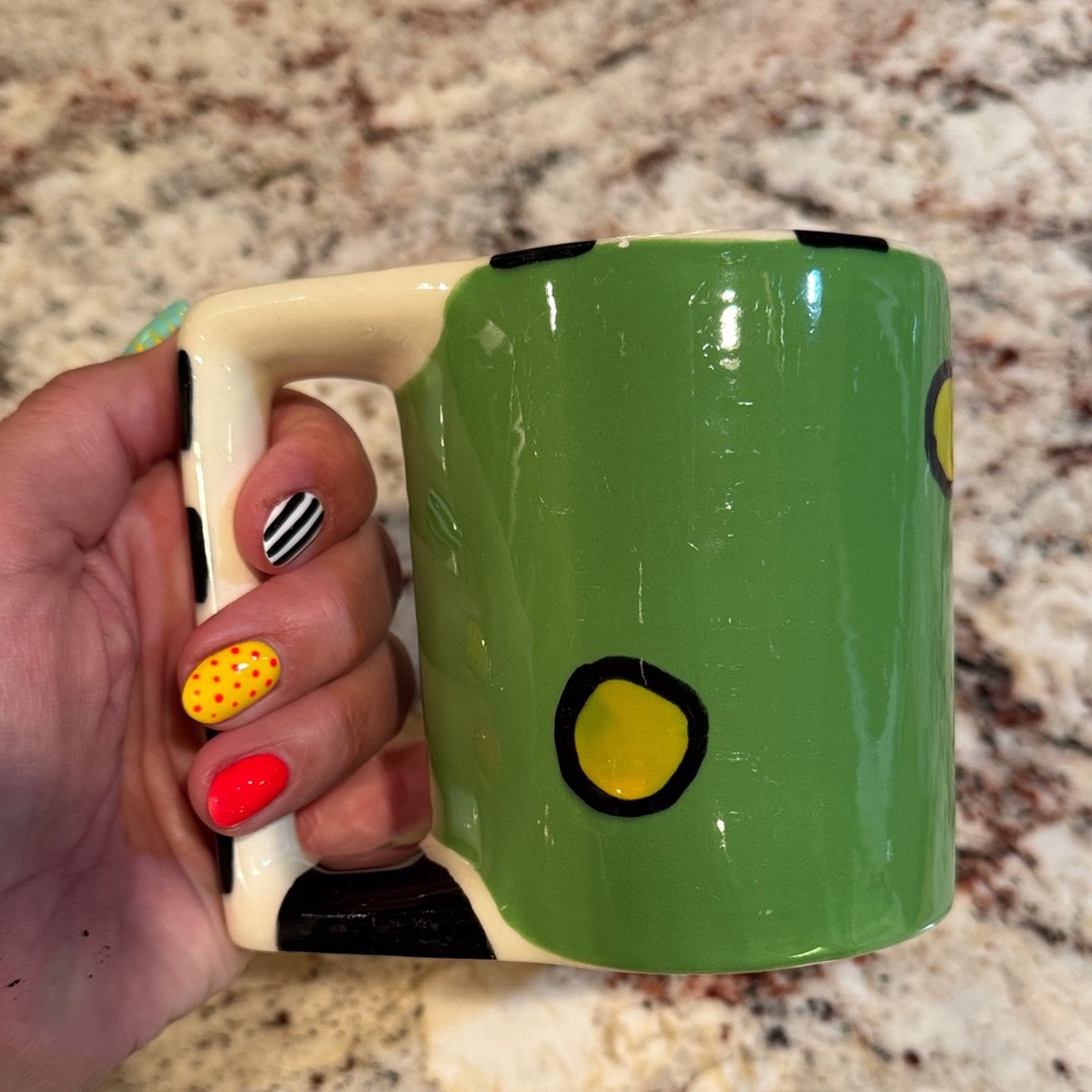 Hand Painted Green Polka Dot Ceramic Mug by Broussard